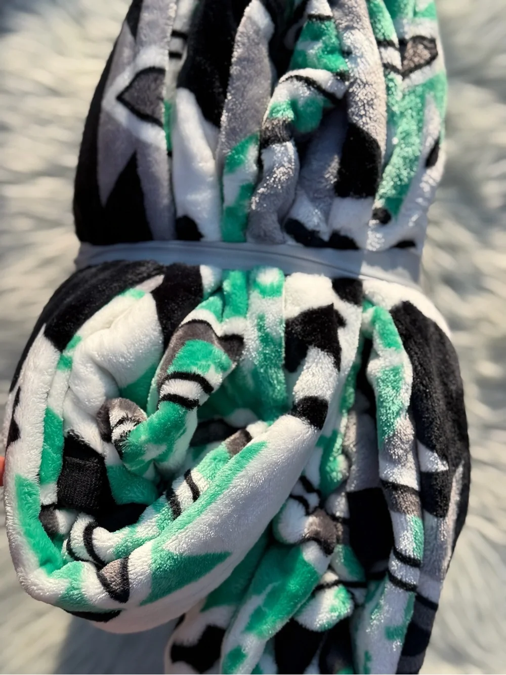 New king size flannel blanket cowhide and Aztec Print - Mint & Black and white